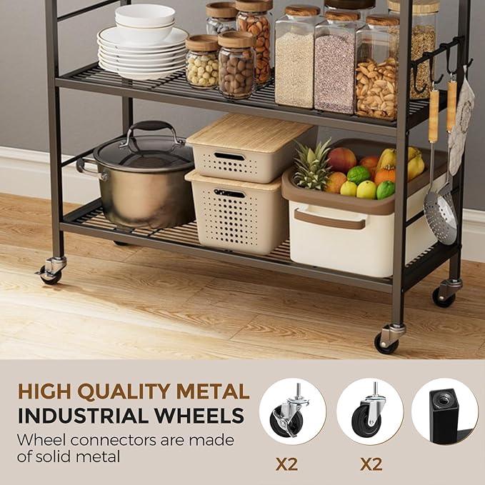 3-Tier Metal Storage Rack with Industrial Wheels,Mesh Shelving Unit with Wooden Table top,Adjustable Shelf,31.5-Inch Width, for Kitchen, Laundry,Pantry,Plant,Black panel and black frame - ModernBath