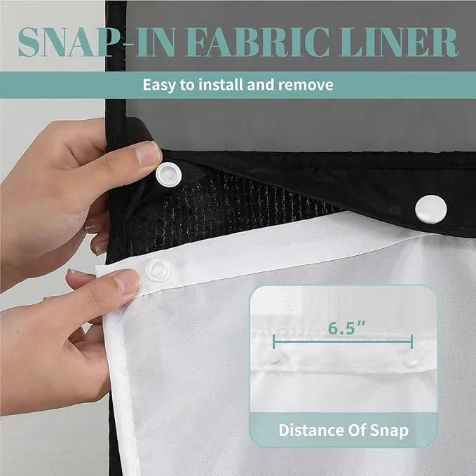 eachope Black No Hook Waffle Weave Shower Curtain with snap-in Liner Replacement, 230GSM Waterproof Fabric Hotel Shower Curtain Set for Bathroom, Through Mesh Top Window,60Wx74H - ModernBath