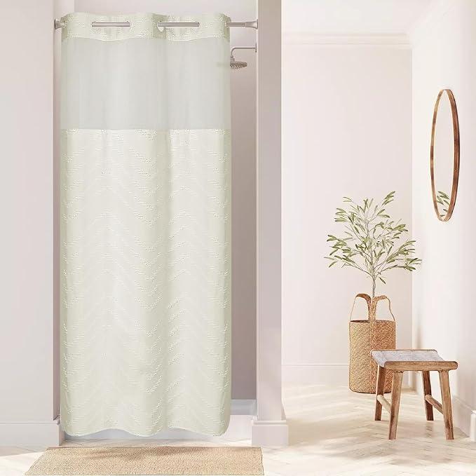 eachope No Hook Boho Farmhouse Shower Curtain with Snap-in Fabric Liner set-36Wx74H(72H),Cream Tufted Chevron Striped Hotel Grade Cloth Shower Curtains for Bathroom with Window,Water Repellent - ModernBath