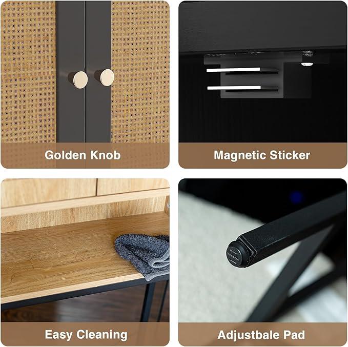 Rattan Toilet Storage Cabinet, Over The Rack Wood Cabinet with Metal Stand, Bathroom Organizer with Adjustable Shelf, Tall Freestanding Washer Shelf, Small Cupboard, Black - ModernBath