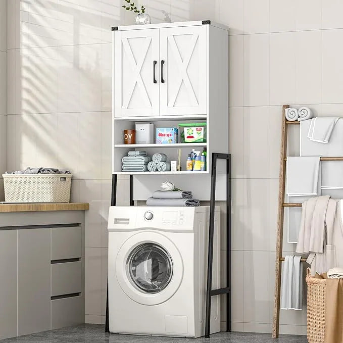 Vabches Over The Toilet Storage Cabinet, Farmhouse Over Toilet Storage Cabinet, Metal Frame with 2 Barn Doors, Home Space-Saving Toilet Rack for Bathroom, Toilet, Laundry Room - ModernBath