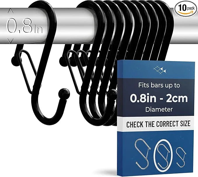 Blau Marité 10-Pack Metal S Hooks for Hanging – Heavy-Duty S-Shaped Hook with Safety Buckle – Fits Bars up to 0.8 in – Anti-Drop S-Hooks for Kitchen, Bathroom, Closet & Pot Racks – Black (Medium) - ModernBath