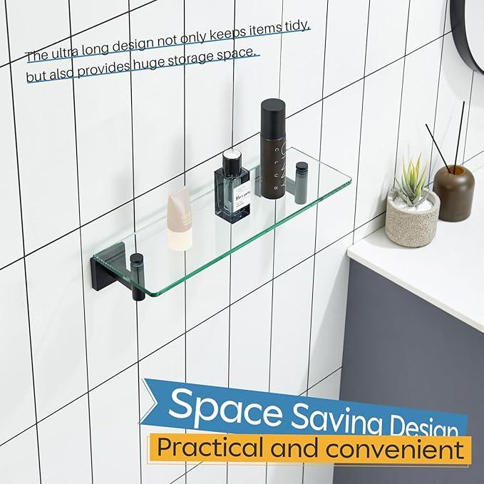 KOKOSIRI Bathroom Shelves Glass Floating Shelf 16-Inch for Bedroom, Living Room, Kitchen, Small Hanging Rack Rustproof Wall Mounted Black B1105BK-L16 - ModernBath