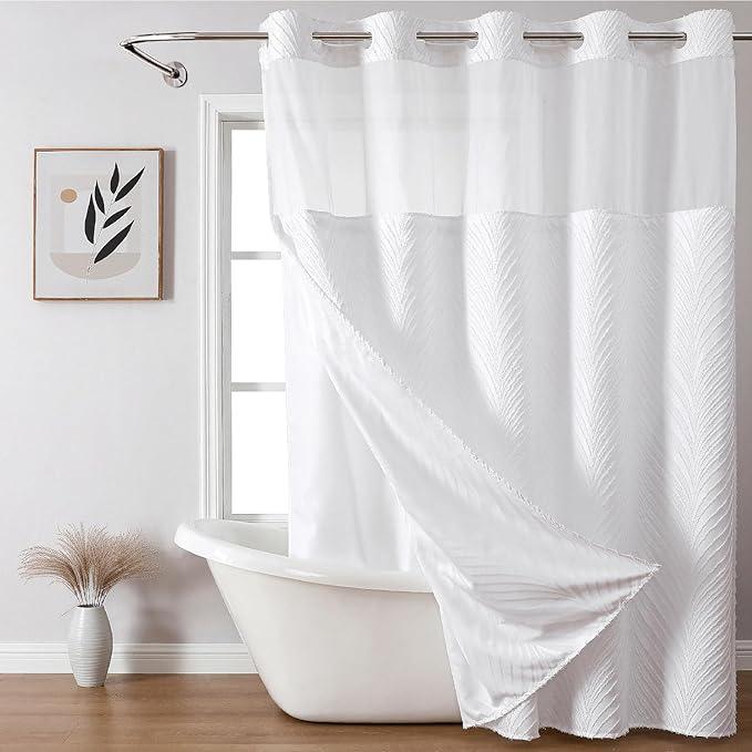 eachope Extra Long No Hook Shower Curtain and Liner Set，Boho Style with See Through Top Window, Tufted Striped Textured Outer Curtain & Waterproof Inner Liner for Bathroom, White, 71Wx98H - ModernBath