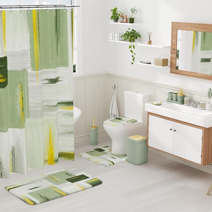 XLHOMO Bathroom Set - Sage Green Bathroom Accessories Set, Bathroom Sets with Shower Curtain and Rugs, Sage Green Shower Curtain Set with Bathroom Trash Can, Soap Dispenser, Soap Dish for Home Decor - ModernBath