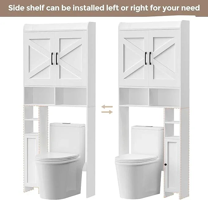Homhedy Over The Toilet Storage Cabinet with 2 Barn Door and Toilet Paper Holder Stand, FreeStanding Toilet Shelf Space Saver, for Bathroom, Restroom, Laundry, White - ModernBath