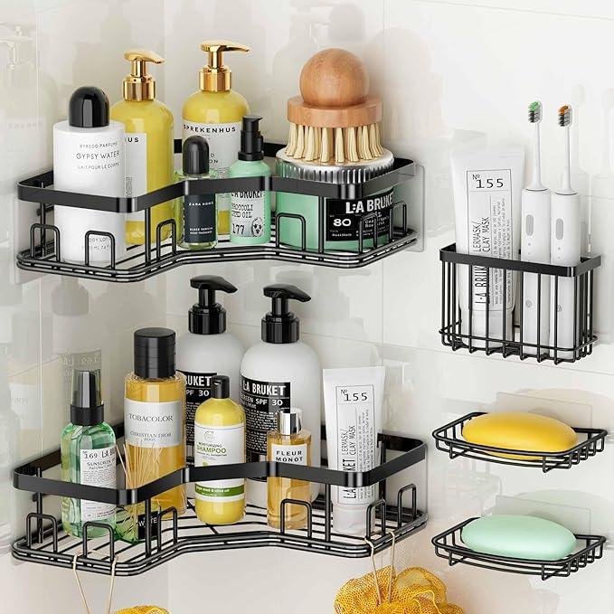 MAXIFFE 5 Pack X-Large Corner Shower Caddy, with Soap Holder and Toothbrush Holder, Large Capacity No Drilling Stainless Steel Hold 40 LB Shower Organizer Shelf Rack for Family Renter Bathroom, Black - ModernBath
