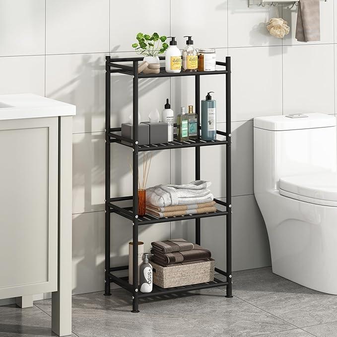 4 Tier Bathroom Storage Open Shelf Unit, Free-Standing Metal Corner Rack Shelving for Kitchen, Living Room, Hallway (Black, Wider 4 Tier) - ModernBath
