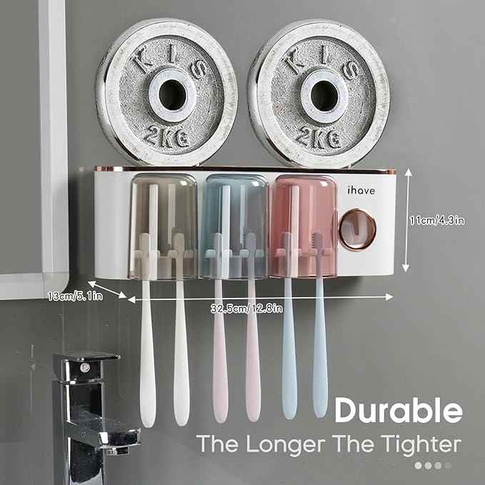 iHave Toothbrush Holders Bathroom Accessories with Toothpaste Dispenser, 3 Cups Toothbrush Holder Wall Mounted Bathroom Decor - ModernBath