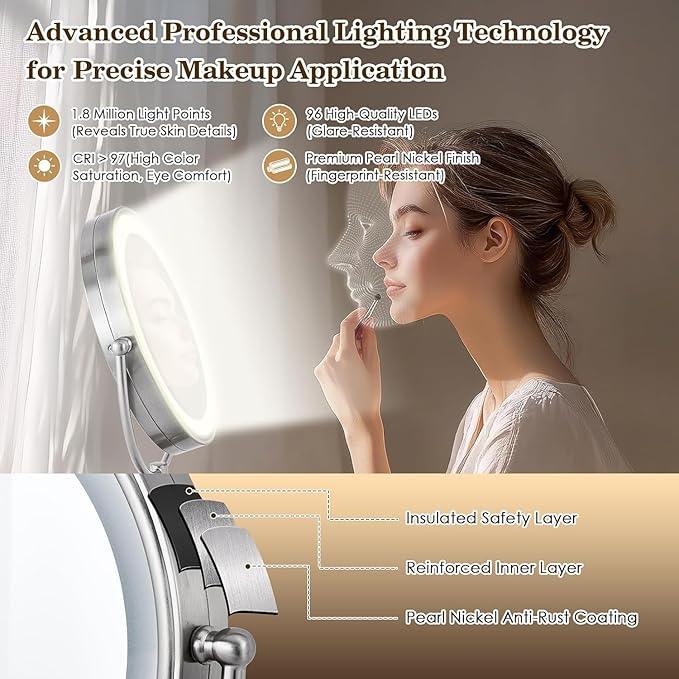 VESAUR 11" Large and 17" Tall Lighted Makeup Mirror, Double Sided 1X 10X Magnifying 3 Colors with Lights, Brightness Adjustable 360° Rotation Cosmetic Light up Mirror, Luxury Nickel - ModernBath
