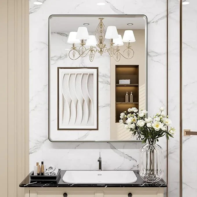 LOAAO 28X36 Inch Brushed Nickel Bathroom Mirror, Rounded Rectangle Silver Metal Frame Mirror, Brushed Nickel, Anti-Rust, Shatter Proof, Hangs Horizontally or Vertically - ModernBath