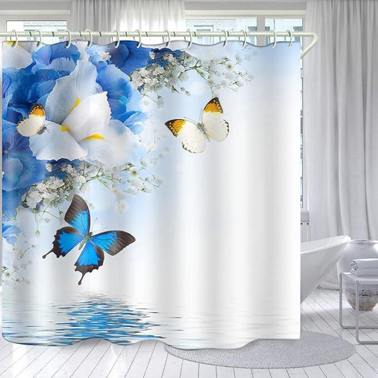LYFANS Shower Curtains Waterproof Polyester Fabric,Large Width Bright Partition Curtain with Blue Butterfly Print,Shower Curtain Liner for Bathtub Bathroom with 12 White Hooks (72 x72 inches) - ModernBath