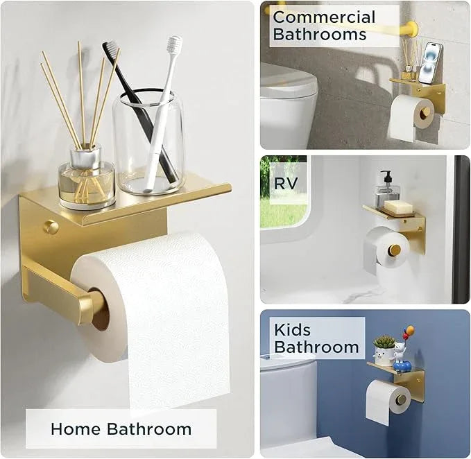 Toilet Paper Holder with Shelf, Adhesive or Screw Wall Mount Toilet Paper Roll Holder for Bathroom, 304 Stainless Steel Commercial Toilet Tissue Roll Dispenser with Phone Shelf (Brushed Gold) - ModernBath