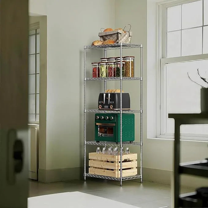 1250 lbs 5 Tier Shelf Metal Storage Shelves Wire Rack Closet Organizers with Wheel for Garage Kitchen Bathroom Laundry Chrome 13.7" D x 23.6" W x 62.4" H - ModernBath