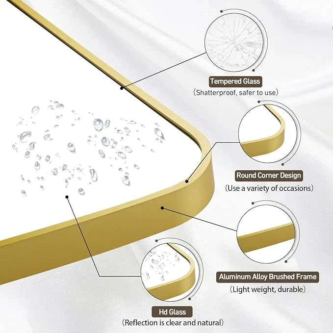CLBA Matte Gold Mirror, 22x30 Inch Brushed Gold Mirror, Aluminum Alloy Framed Vanity Mirror, Rounded Rectangle Bathroom Mirror for Over Sink, Anti-Rust Wall Mirror (Horizontally or Vertically) - ModernBath