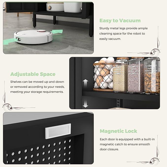 COFaR 4 Tier Black Metal Storage Cabinet, Free Standing with 2 Doors, 3 Adjustable Shelves and Legs, Cupboard Metal Cabinet for Living Room, Kitchen, Dining Room, Office - ModernBath