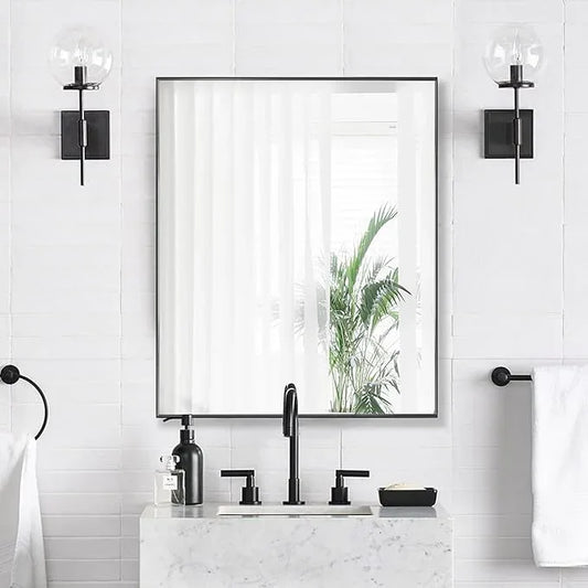Bonverre 24x30 Inch Black Bathroom Mirror for Wall, Aluminum Frame Rectangle Rectangular Vanity Mirror, Modern Large for Bedroom, Living Room, Horizontal or Vertical - ModernBath