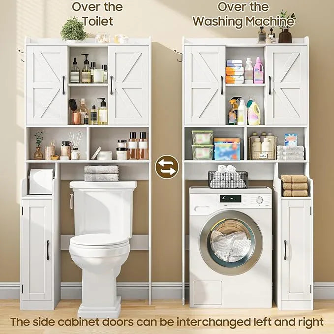 Over The Toilet Storage Cabinet, Bathroom Over Toilet Storage Organizer with Barn Doors and Paper Holder Stand Farmhouse Space Saving Rack Cabinet with Adjustable Shelves for Bathroom, Laundry (White) - ModernBath