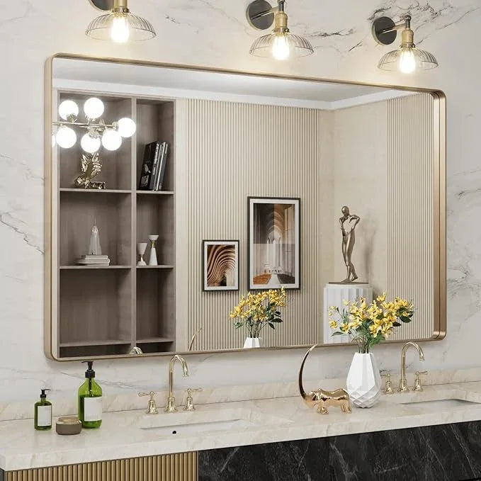 LOAAO 60”X36” Gold Bathroom Mirror, Rounded Rectangle Gold Frame Mirror, Brushed Gold Bathroom Vanity Mirror Wall-Mounted, Anti-Rust, Tempered Glass, Hangs Horizontally or Vertically - ModernBath