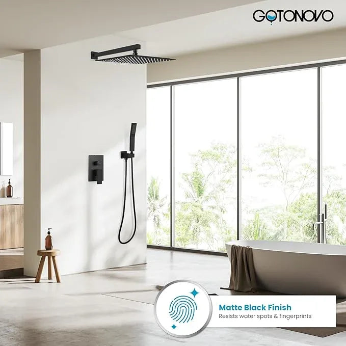 gotonovo Rainfall Bathroom Shower System Rain Shower Head and Handle Set Wall Mounted Shower Complete Combo Solid Brass Pressure Balancing Shower Mixer Valve 16 Inch Matte Black - ModernBath
