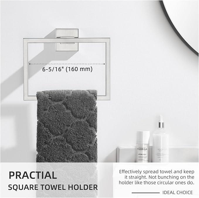 Angle Simple Hand Towel Holder Brushed Nickel, SUS 304 Stainless Steel Square Bathroom Towel Ring Hanger, Wall Mount, 7.09 Inches - ModernBath