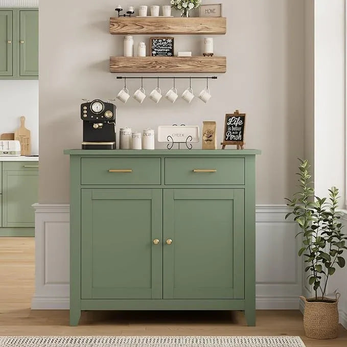 HORSTORS Kitchen Storage Cabinet, Modern Farmhouse Buffet Cabinet with Storage, Coffee Bar with 2 Drawers and 2 Doors, Floor Sideboard Buffet for Living Room, Dining Room, Bathroom, Green - ModernBath