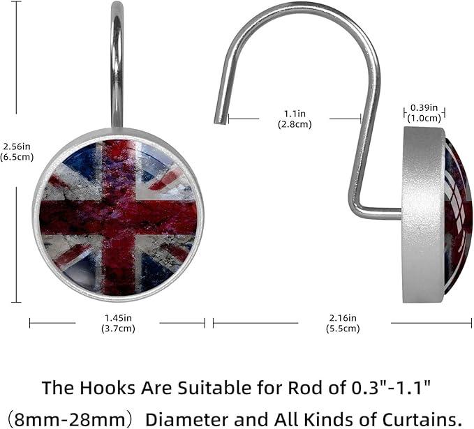 Vintage UK British Flag Shower Curtain Hooks Set of 12 Rustproof Metal Shower Hooks for Curtains Rods Shower Curtain Rings for Bathroom Living Room Bedroom Decor - ModernBath
