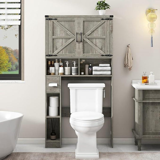Vabches Over The Toilet Storage Cabinet, Farmhouse Storage Cabinet Over Toilet with 2 Barn Doors & Toilet Paper Holder Stand，Home Space-Saving Toilet Rack, for Laundry, Bathroom, Restroom.Grey Oak - ModernBath