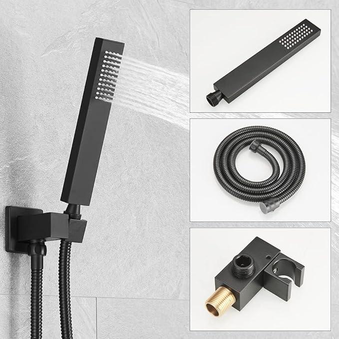 JingGang 16 Inch Ceiling Mount Matte Black Shower System Bathroom Luxury Rain Mixer Shower Combo Set Ceiling Rainfall Shower Head System (Contain Shower Faucet Rough-in Valve Body and Trim Kit) - ModernBath
