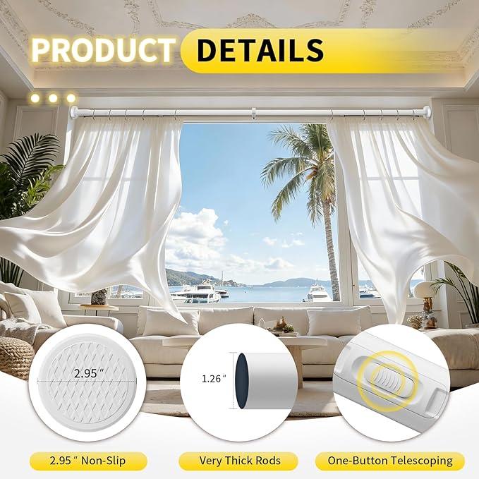 Treije Tension Curtain Rod 39-173In, Outdoor Extra Long Curtain Rod No Drilling for Window or Bathroom Patio, Adjustable Heavy Duty Shower Curtain Rod, Easy to Install, Never Rust, Non-Slip-White - ModernBath