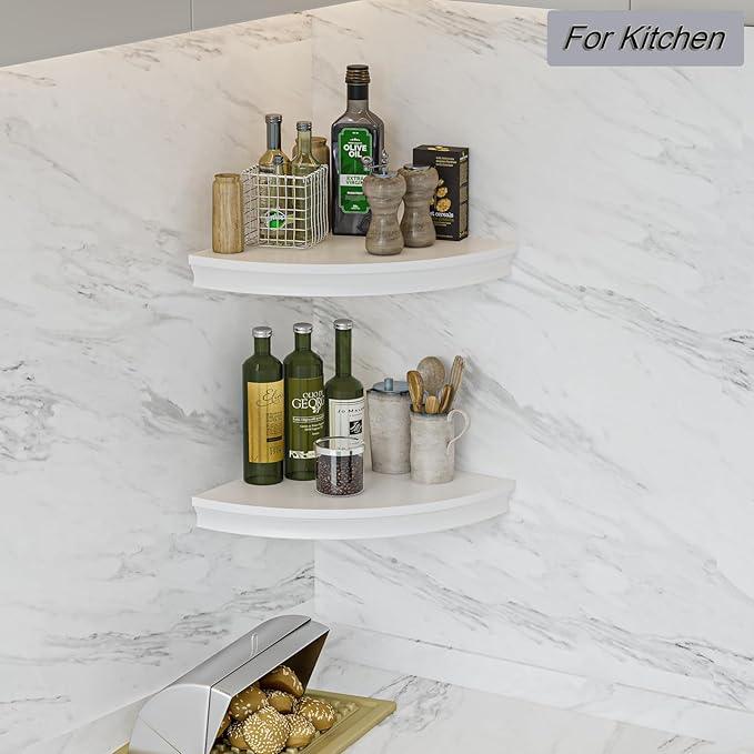 HAO Floating Corner Shelf Invisible Wall Mounted Shelves Radial Shape Cable Wire Hole Pattern Perfect for Bedroom Bathroom Living Room Kitchen Set of 2 White - ModernBath
