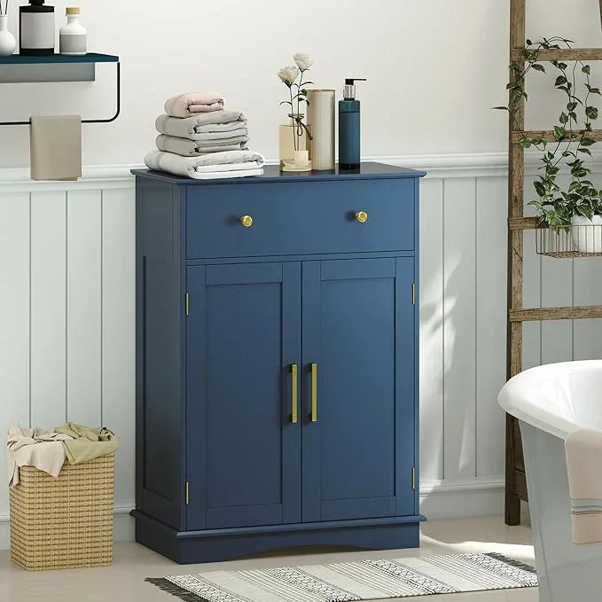 Tangkula Bathroom Floor Cabinet, Modern Freestanding Bathroom Storage Cabinet w/Large Pull-Out Drawer, 2 Doors, 3-Position Adjustable Shelf, Ideal for Living Room (Drawer & Cabinet, Navy Blue) - ModernBath