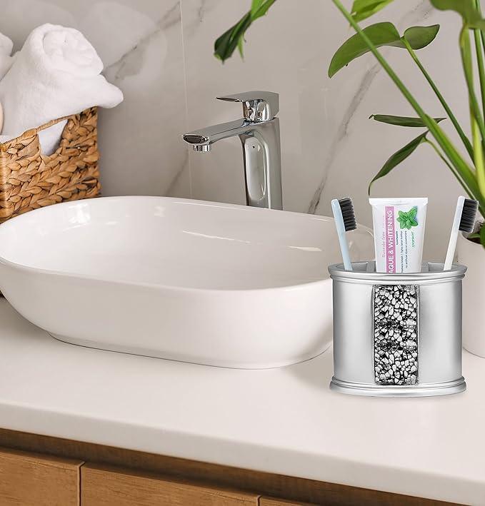 Zahari Home 4pc Sinatra Stylish Bathroom Accessories Set Liquid Soap Dispenser, Tumbler, Tooth Brush Holder and Soap Dish Modern Classic Luxury Decor Bling Mosaic Glass Silver Bathroom Accessories - ModernBath
