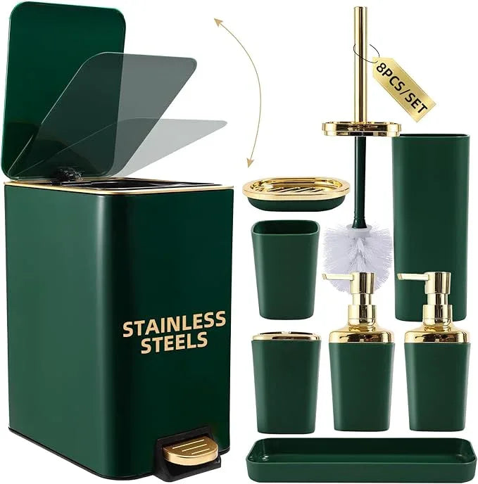 XLHOMO Bathroom Set Bathroom Accessories Set 8 Piece Green and Gold Bathroom Set, Bathroom Sets with Stainless Steel Trash Can,Toilet Brush,Toothbrush Set,Soap Dispenser - ModernBath