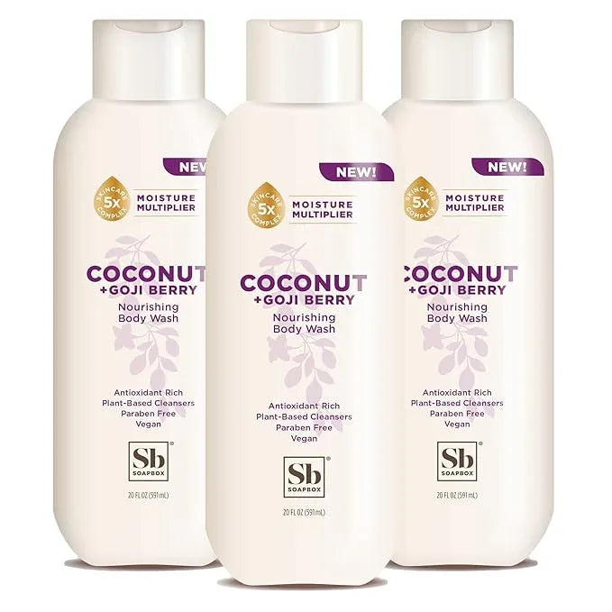 Soapbox Body Wash, Coconut + Goji Berry Body Wash for Women, Men, Vegan + Antioxidant Rich Moisturizing Soap with Shea Butter, Peptides & Keratin Promoting B3, 3 Pack, 20oz Each - ModernBath