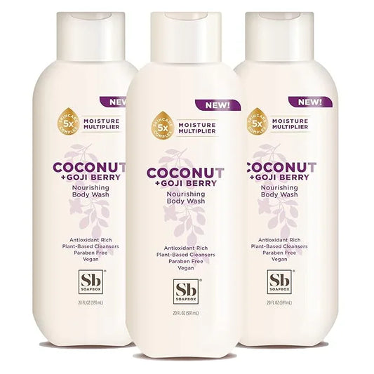 Soapbox Body Wash, Coconut + Goji Berry Body Wash for Women, Men, Vegan + Antioxidant Rich Moisturizing Soap with Shea Butter, Peptides & Keratin Promoting B3, 3 Pack, 20oz Each - ModernBath