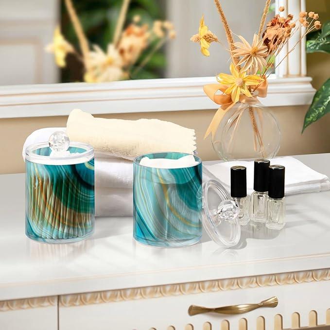 BOENLE 2 Pack Qtip Holder Dispenser Teal Turquoise Blue Marble Bathroom Storage Canister Lid Acrylic Plastic Apothecary Jar Set Vanity Makeup Organizer for Cotton Swab/Ball/Round Pads, Floss - ModernBath