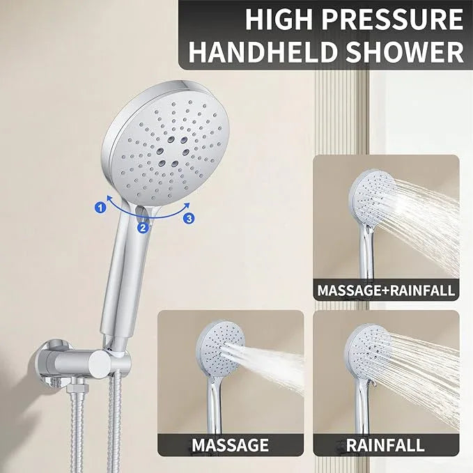 KOJOX Shower Set - Polished Chrome High Pressure Shower Head System- 3 Setting Headheld Shower Head Fixtures- Valve Included - ModernBath