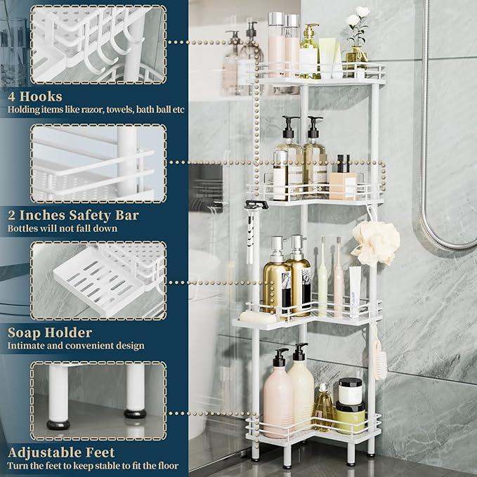 Consumest Corner Shower Caddy Standing - 4-Tier Stainless Steel Shower Organizer with Soap Holder and 4 Hooks, Large Capacity Corner Shelf Stand for Bathroom, Rest Room, White - ModernBath