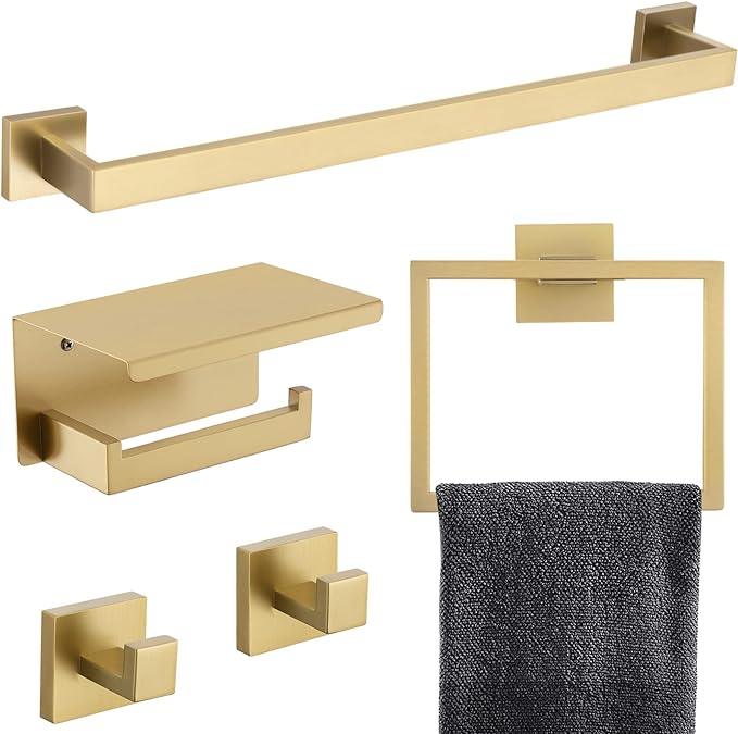 TNOMS 5-Piece Bathroom Hardware Set 23.6 Inch Gold Towel Bar Set Towel Bar Towel Ring Coat Hook and Toilet Paper Holder with Shelf Wall Mounted Stainless Steel Bathroom Accessories Set - ModernBath