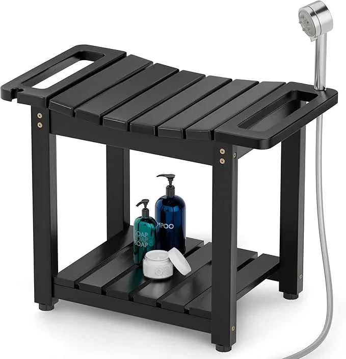 BLUEWEST Shower Bench Seat with Storage Shelf, Natural Wood Shower Benches for Inside Shower to Sit on, Waterproof Bathroom Spa Bench Stool for Legs Shaving with Built-in Handle & Shower Head Holder - ModernBath