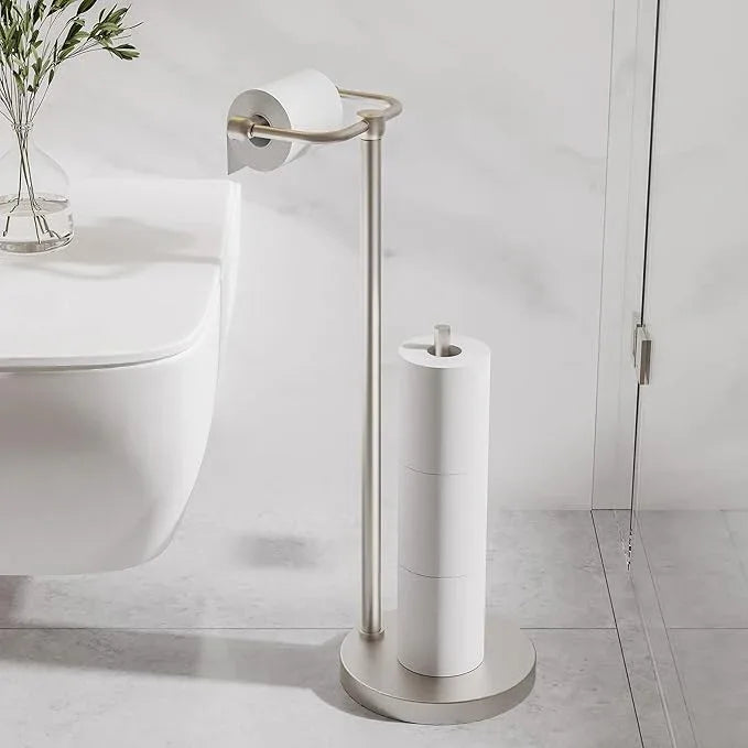 Toilet Paper Holder Stand, Post Pivoting Design Free Standing Toilet Paper Holder with Storage for 4 Rolls, SUS304 Stainless Steel Tissue Holder with Reserve, Heavy-Duty Base (Brushed Nickel) - ModernBath