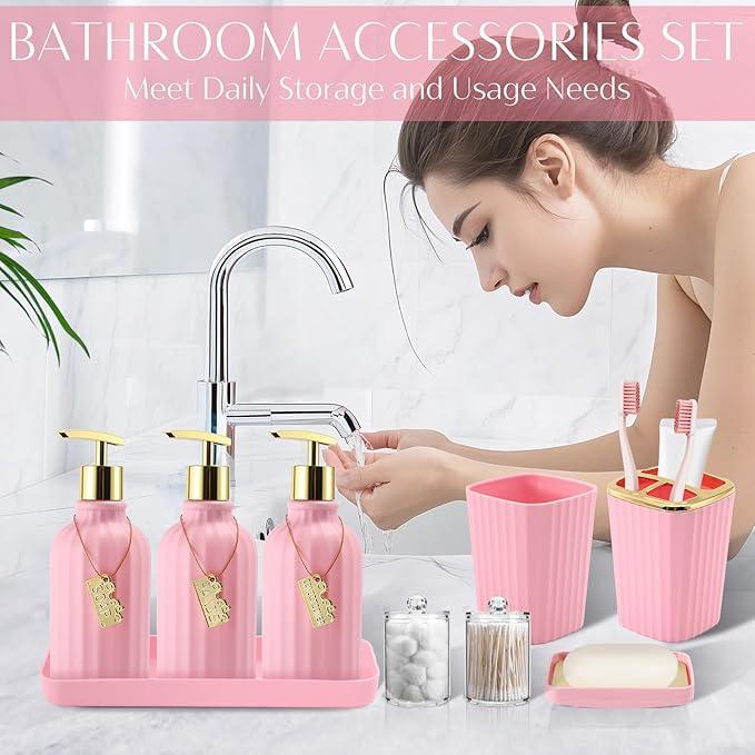 WSBArt 17PCS Bathroom Accessory Set Pink Bathroom Set Bathroom Accessories,Toilet Brush, Trash Can, Qtip Holder Dispenser& 3PCS Soap Dispenser - ModernBath