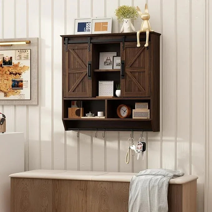RUSTOWN Farmhouse Bathroom Wall Cabinet,3-Tier Rustic Wood Wall Mounted Cabinets,Vintage Medicine Cabinet with Sliding Barn Door and Adjustable Shelves,Over The Toilet Storage Cabinet (Dark Walnut) - ModernBath