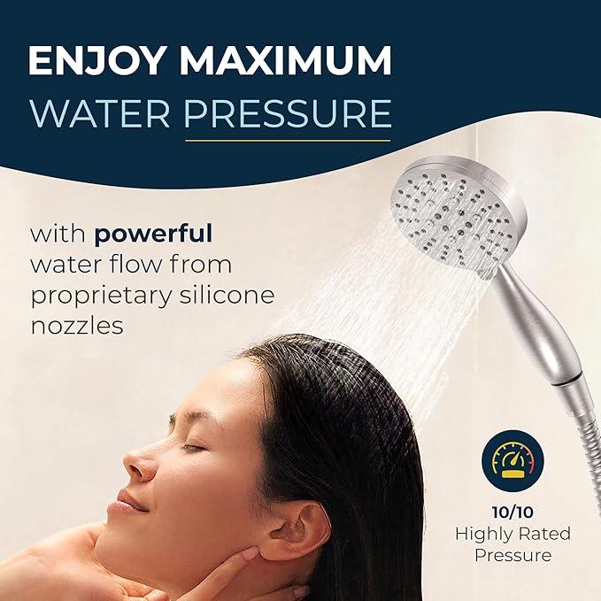 HammerHead Showers Solid Metal 3-Spray Handheld Shower Head with Long Hose and Holder, High Pressure, Wide/Massage/Mist Sprays, Brushed Nickel, 1.75 GPM - ModernBath