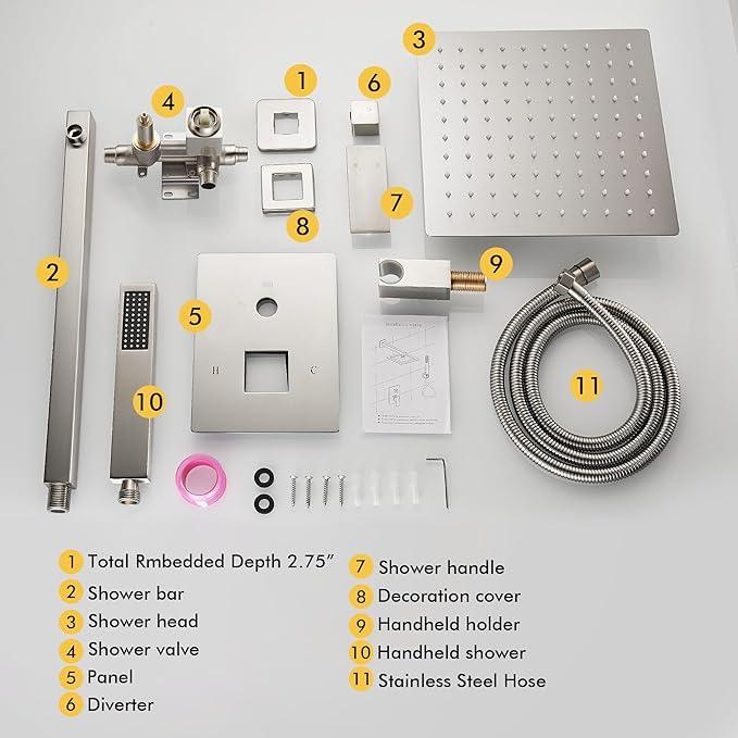 Fransiton Shower Faucet set with Shower head 10 Inches Rainfall Shower Head and Handle Set Single Handle Wall Mounted Shower System Set with Female Threads Valve Body(Brushed Nickel) - ModernBath