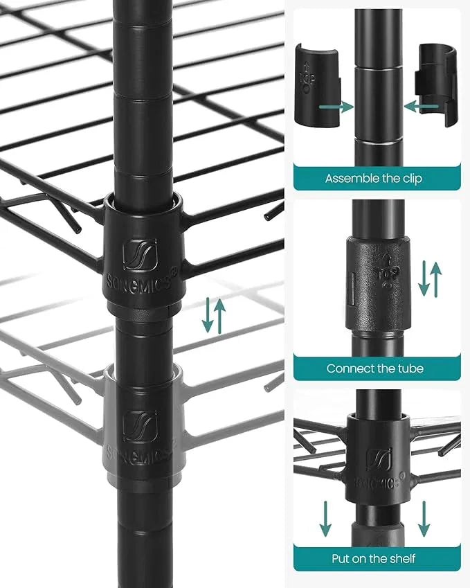 SONGMICS 3-Tier Bathroom Shelf, Storage Rack for Small Space, with 3 PP Shelf Liners, Removable Hook, Extendable Design, Ink Black and Translucent ULGR103B01 - ModernBath