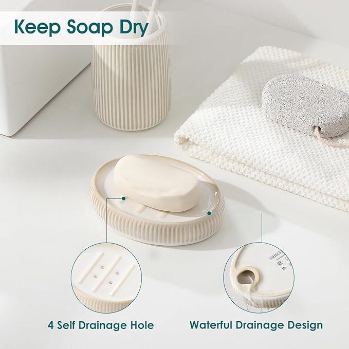 vancasso Ceramic Bathroom Accessories Set 4 Piece, Soap Dispenser with Stainless Steel Pump, Toothbrush Holder, Tumbler and Soap Dish, Modern Relief Design, Bathroom Decor Organizer, Beige-White - ModernBath