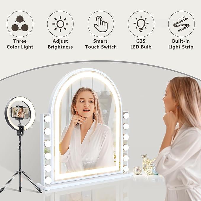FENCHILIN Arch Vanity Mirror with Light 23.4"x22.4" Arched Makeup Mirror Lighted Hollywood Mirror with 12 Dimmable Bulbs and Light Strip with Smart Control 3 Color Modes White - ModernBath