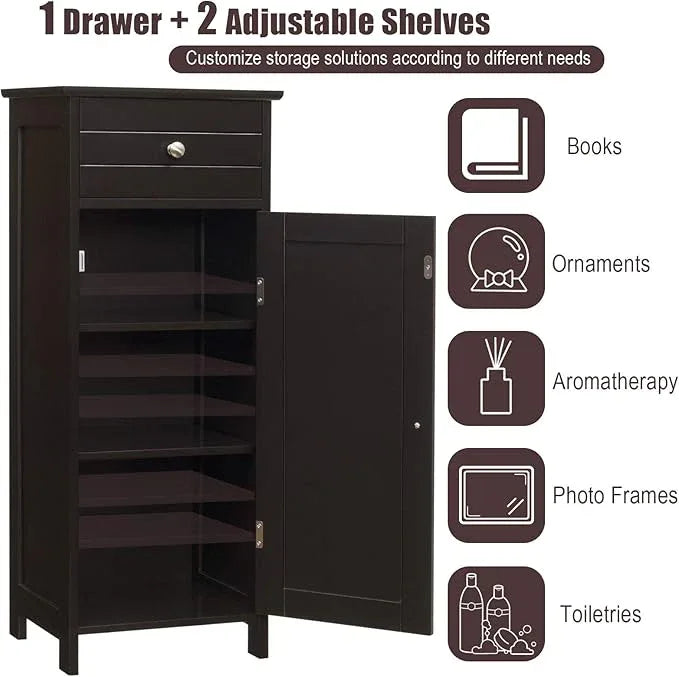 Tangkula Bathroom Floor Cabinet, Wooden Side Storage Cabinet, Freestanding Single Door Bathroom Cabinet with Large Drawer & 2 Adjustable Shelves for Living Room Kitchen (Brown) - ModernBath